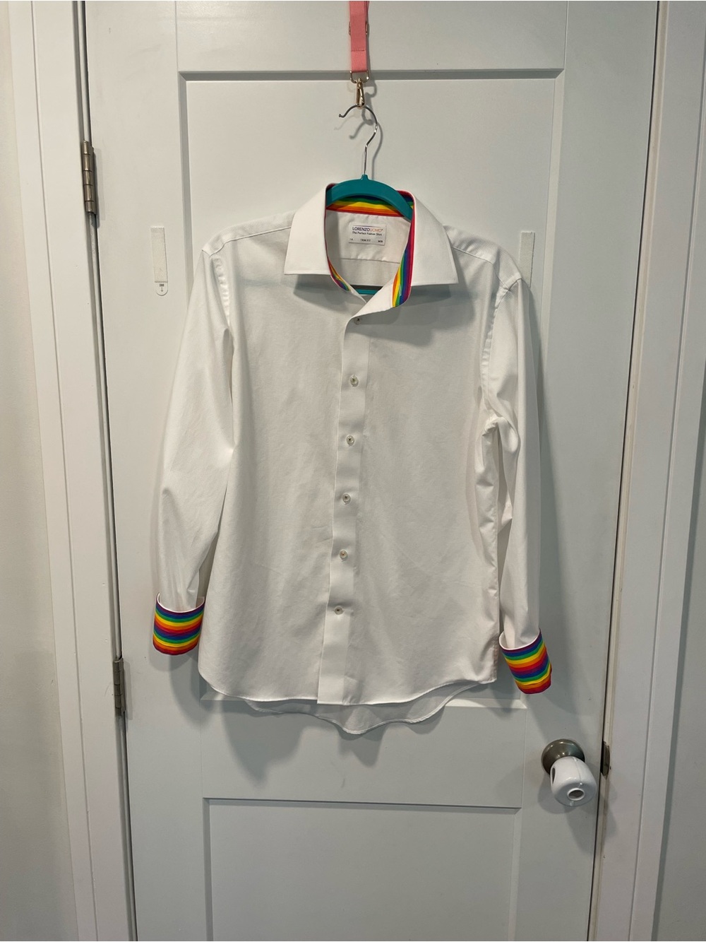 Lorenzo Uomo White Button Trim Fit Shirt w/Rainbow Collar and Cuffs 16 34/35